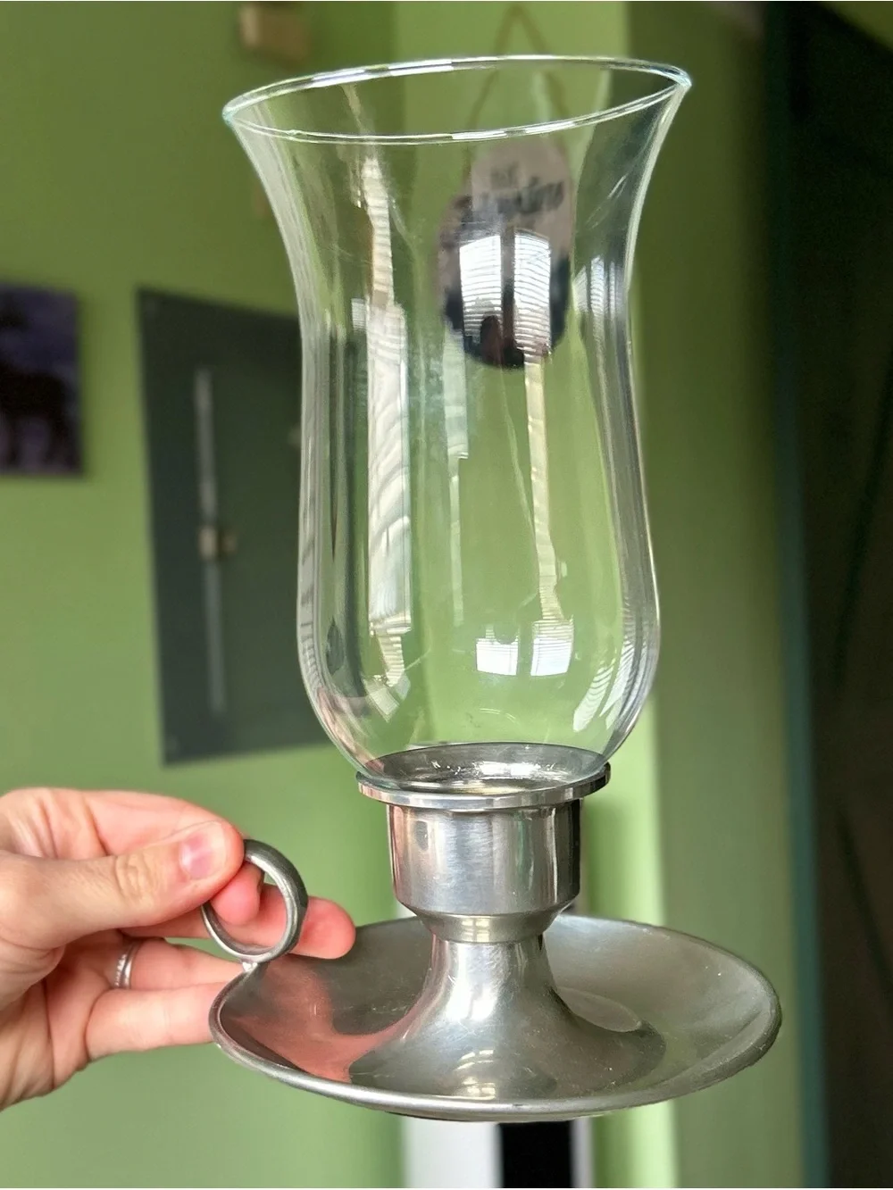 Vintage Glass Hurricane Candle Holder with Chamber Style Handle